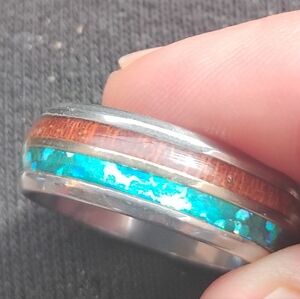Turquoise Inlay Wood Band Ring - Blue and Brown Women's Jewelry